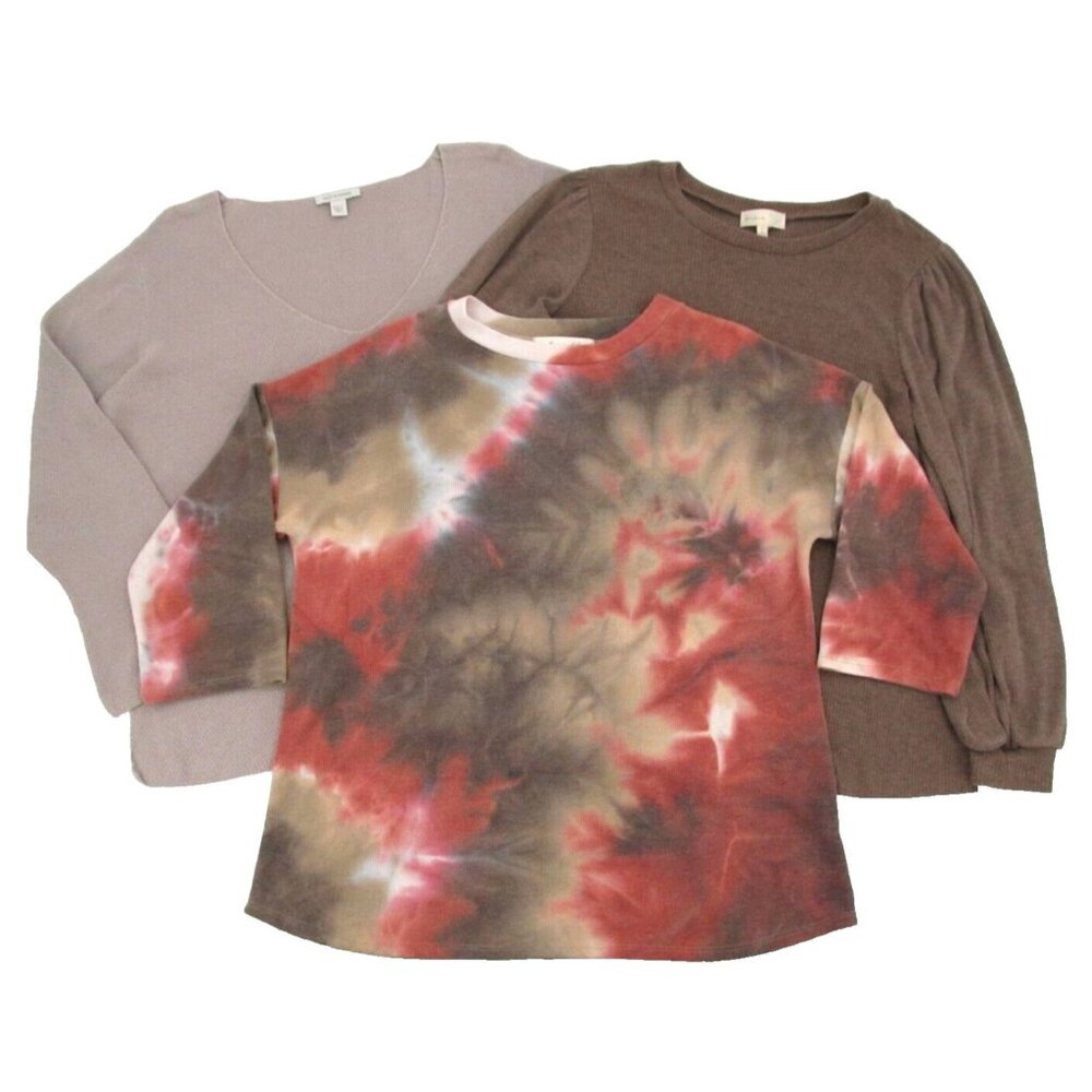 Lot of 3 Womens Large Shirts Waffle Rib Knit Tops Modern Neutrals Boston Proper